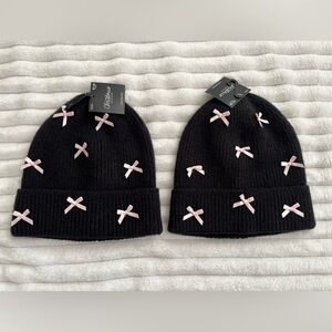 NWT 2- Chic Black Beanies with Pink Bows Womens One Sz
